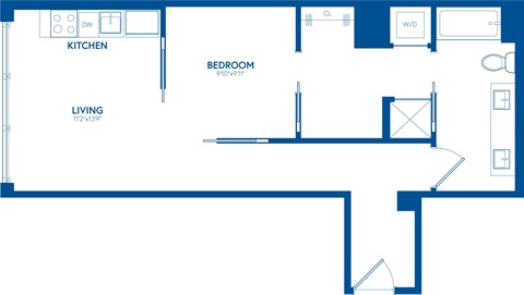Floor plan for 1 bed, 1 bath, 631 sqft